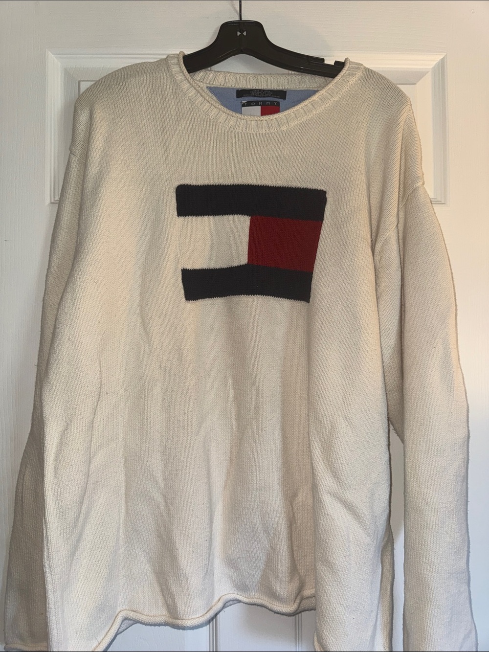 Tommy Hilfiger Cream Crewneck Sweater with Navy and Red Logo